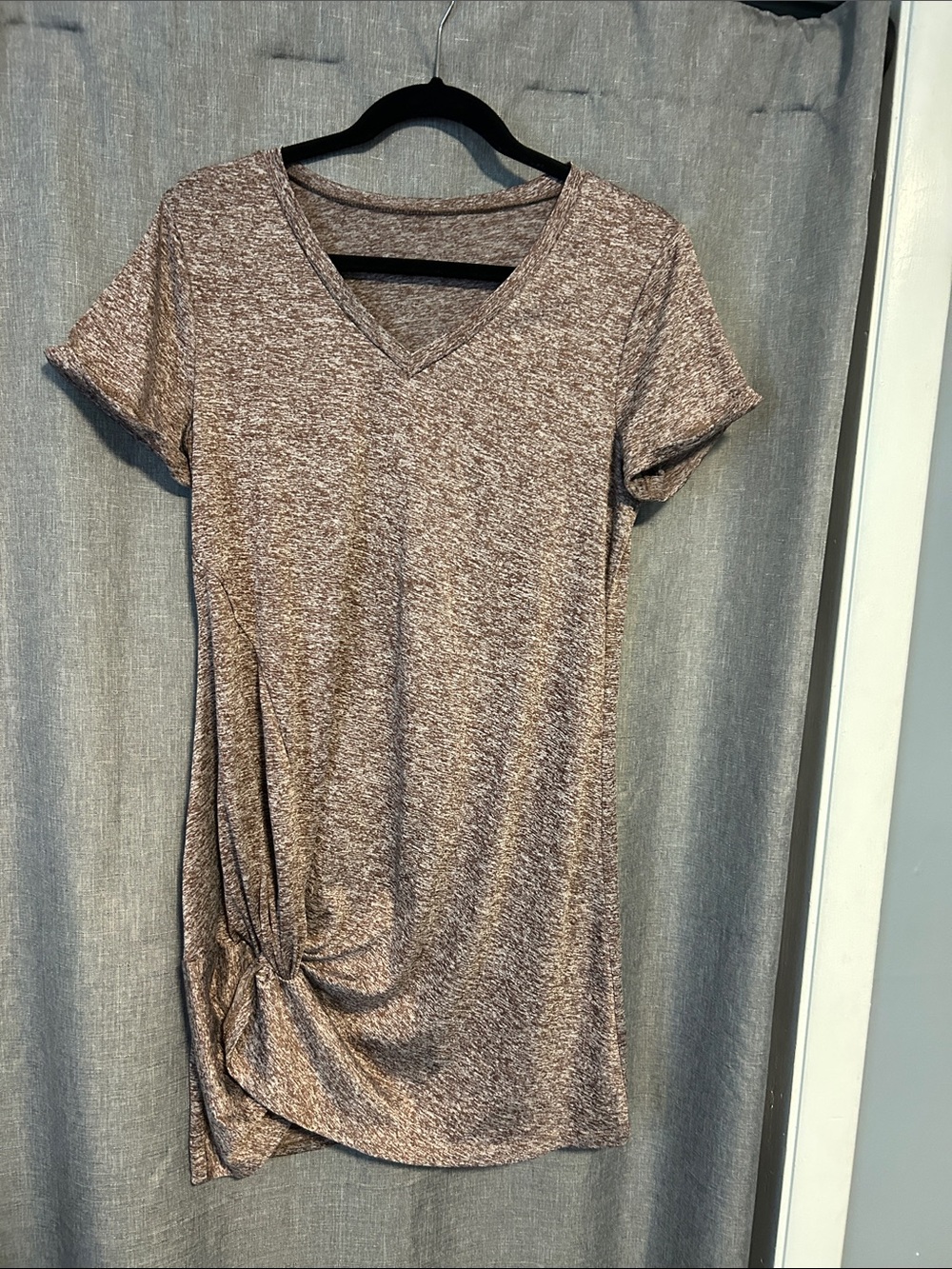 V-Neck Short Sleeve Twist Hem Tunic Dress - Heathered Brown